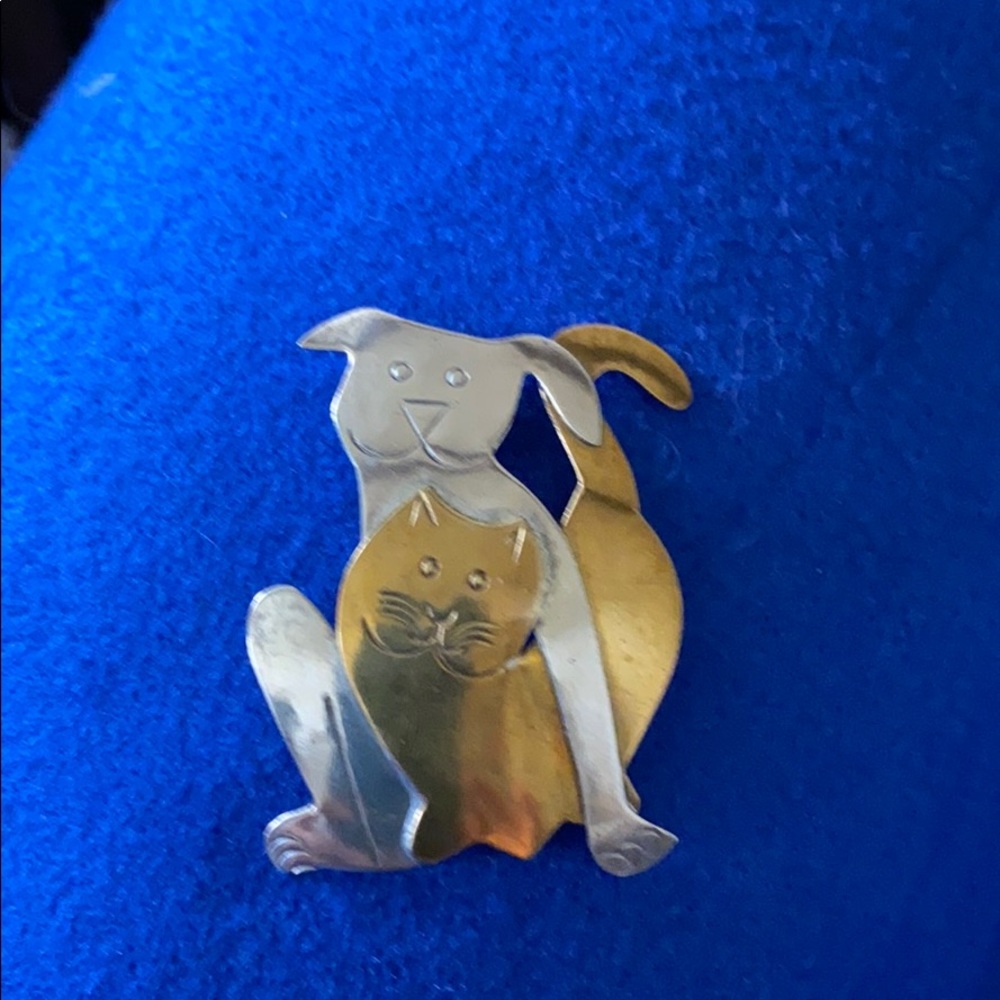 Vintage Metal Dog and Cat Brooch